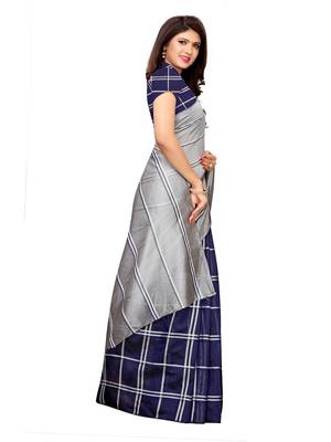 Navy blue woven chanderi saree with blouse 3