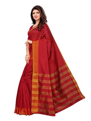 Red Woven Chanderi Saree With Blouse 3