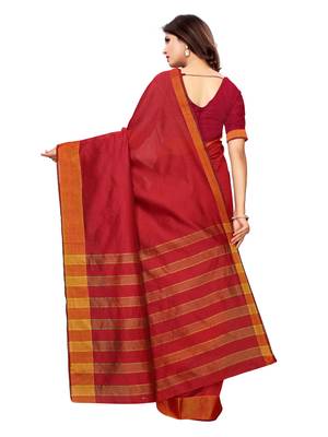 Red Woven Chanderi Saree With Blouse 4