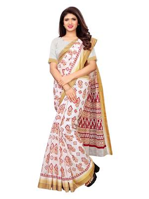 White printed poly cotton saree with blouse 1