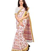 White printed poly cotton saree with blouse