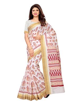 White printed poly cotton saree with blouse 2