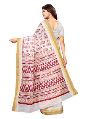 White printed poly cotton saree with blouse 4