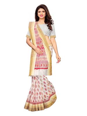 White printed poly cotton saree with blouse 1