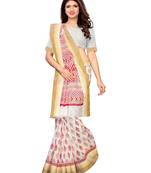 White printed poly cotton saree with blouse