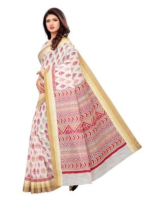 White printed poly cotton saree with blouse 3