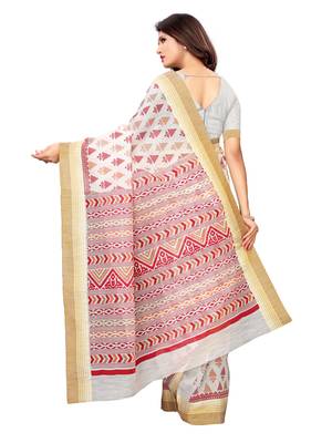 White printed poly cotton saree with blouse 4
