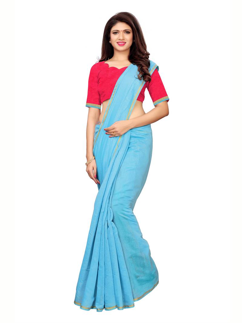 Blue Woven Cotton Silk Saree With Blouse