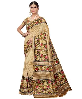 Beige Printed silk blend saree with blouse 1