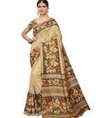 Beige Printed silk blend saree with blouse