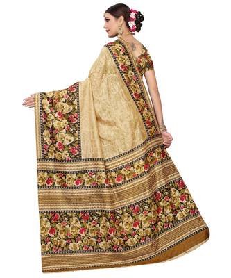 Beige Printed silk blend saree with blouse 2