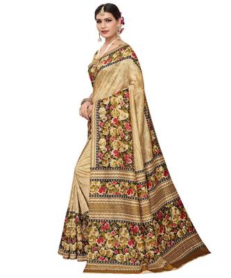 Beige Printed silk blend saree with blouse 3