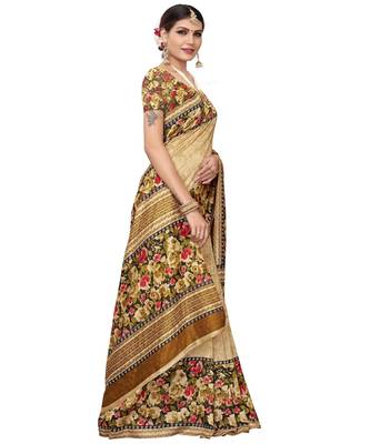 Beige Printed silk blend saree with blouse 4