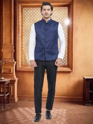 Blue Plain Viscose Nehru Jacket 1