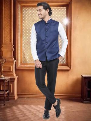 Blue Plain Viscose Nehru Jacket 2