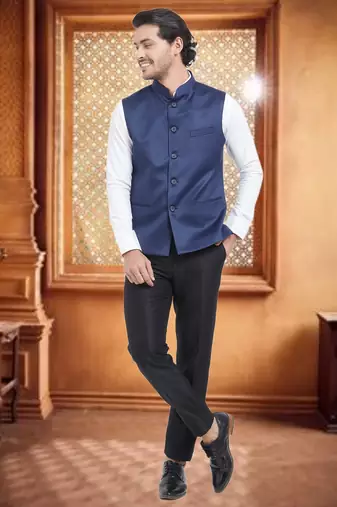 Blue Plain Viscose Nehru Jacket