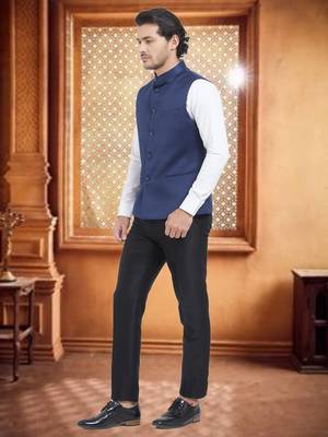 Blue Plain Viscose Nehru Jacket 3