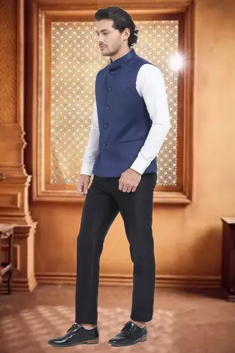 Blue Plain Viscose Nehru Jacket