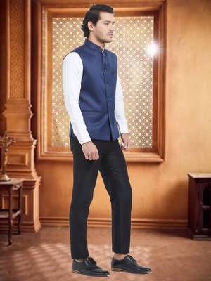 Blue Plain Viscose Nehru Jacket 4
