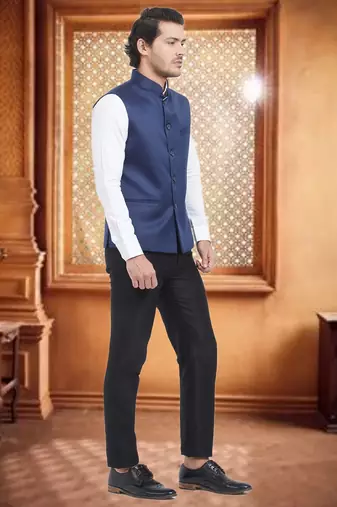 Blue Plain Viscose Nehru Jacket