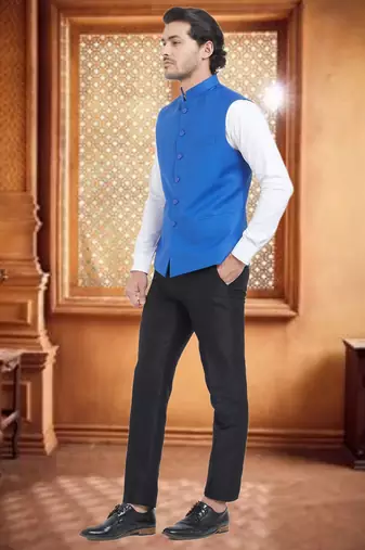 Blue Plain Viscose Nehru Jacket