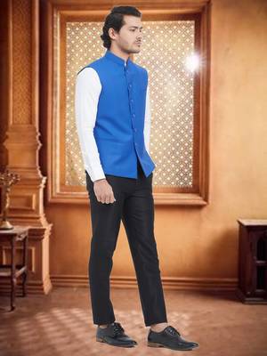 Blue Plain Viscose Nehru Jacket 3