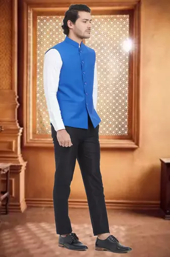 Blue Plain Viscose Nehru Jacket