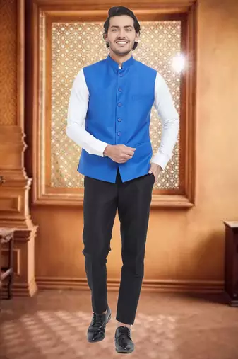 Blue Plain Viscose Nehru Jacket