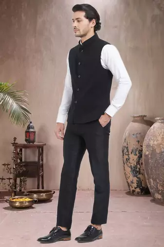 Black Plain Viscose Nehru Jacket
