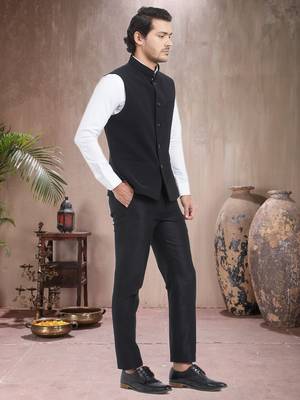Black Plain Viscose Nehru Jacket 3