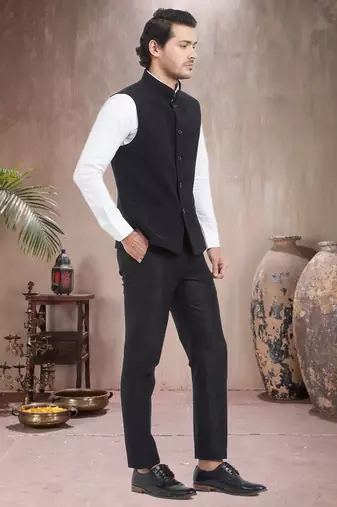 Black Plain Viscose Nehru Jacket