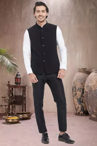 Black Plain Viscose Nehru Jacket