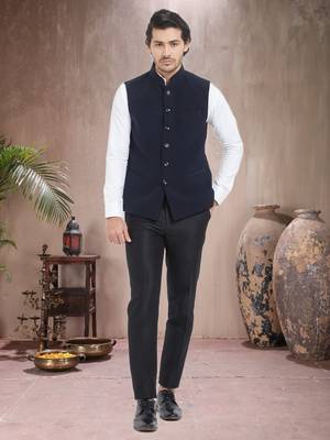 Blue Plain Viscose Nehru Jacket 1