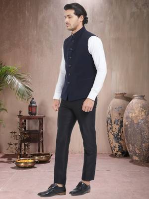 Blue Plain Viscose Nehru Jacket 2