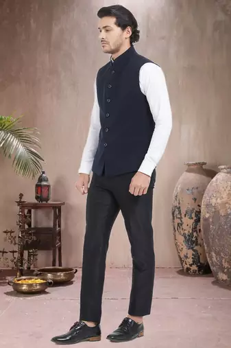 Blue Plain Viscose Nehru Jacket