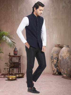 Blue Plain Viscose Nehru Jacket 3