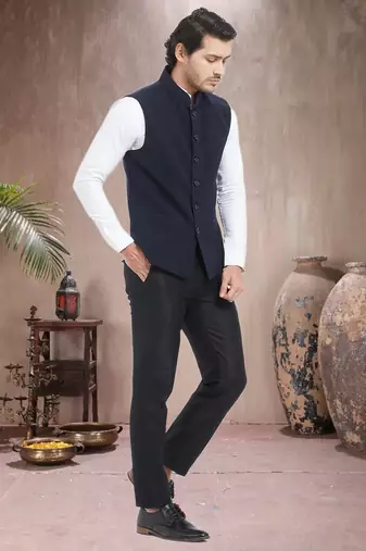 Blue Plain Viscose Nehru Jacket