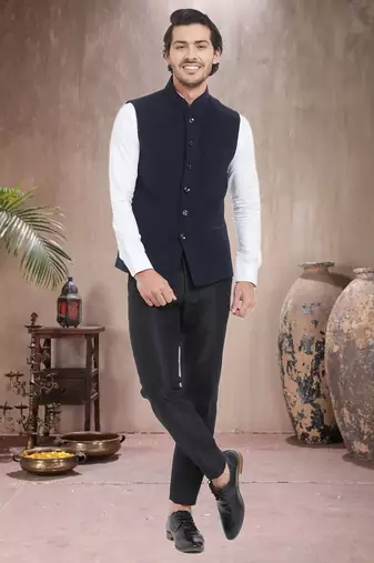 Blue Plain Viscose Nehru Jacket