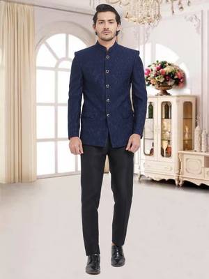 Blue Plain Viscose Jodhpuri Sherwani 1