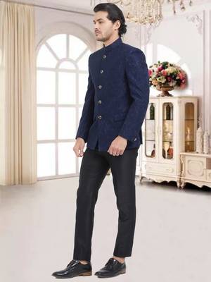 Blue Plain Viscose Jodhpuri Sherwani 3