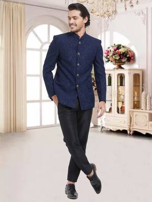 Blue Plain Viscose Jodhpuri Sherwani 4