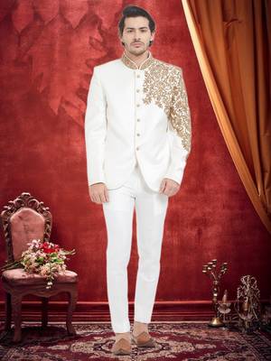 White Embroidered Velvet Jodhpuri Sherwani 1