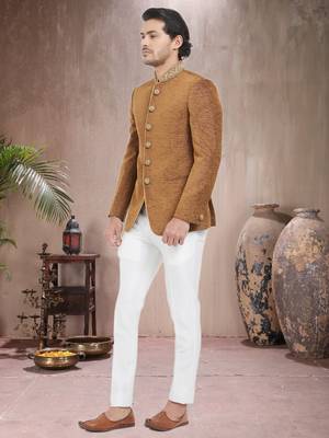 Brown Embroidered Jute Jodhpuri Sherwani 2