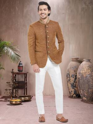 Brown Embroidered Jute Jodhpuri Sherwani 3