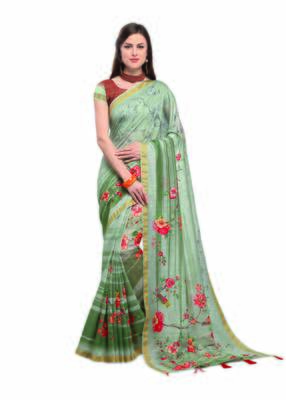 Green printed linen saree with blouse 1