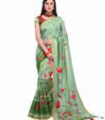 Green printed linen saree with blouse