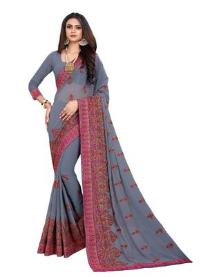 Grey embroidered georgette saree with blouse 1