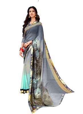 Grey printed georgette saree with blouse 1