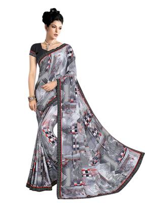 Grey printed crepe saree with blouse 1