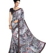Grey printed crepe saree with blouse